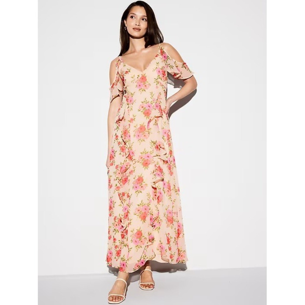 Old Navy The Occasion Floral Cold Shoulder Ruffle Maxi Dress Peach Pink Size 6